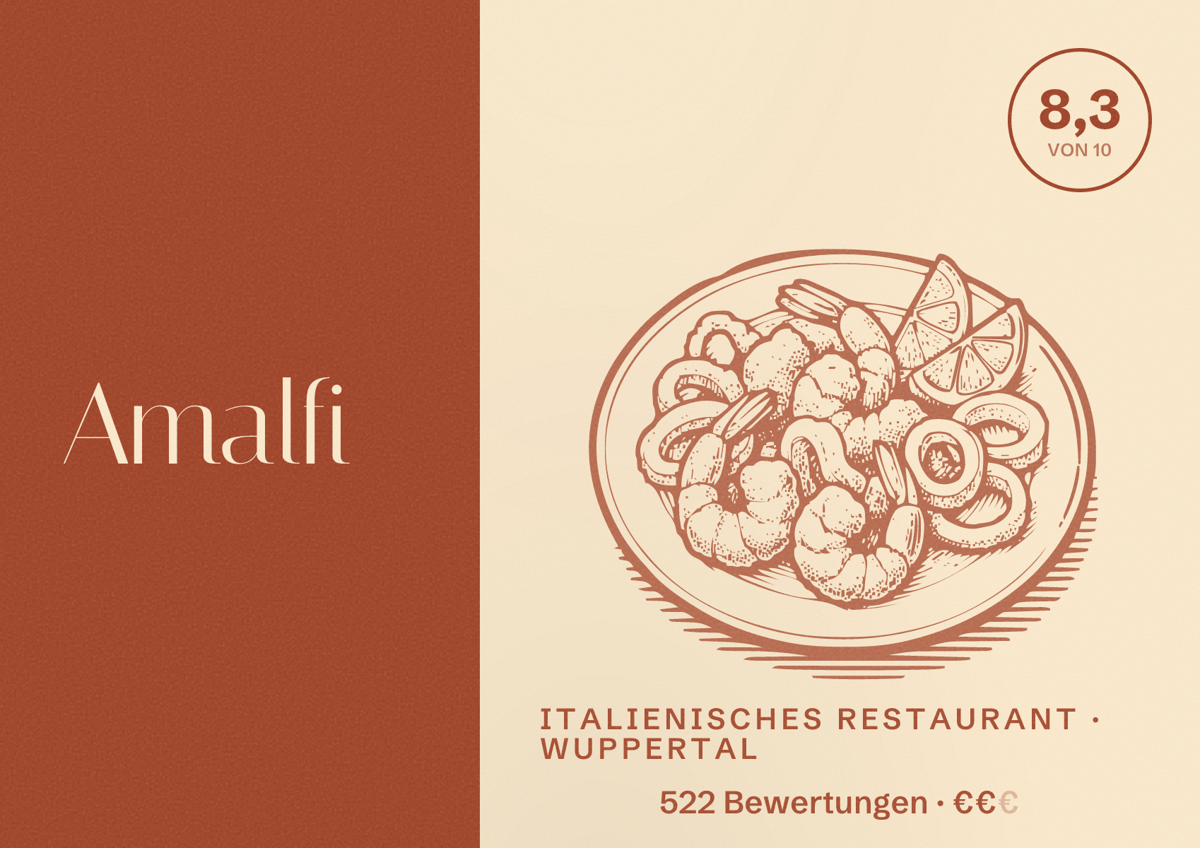 Illustriertes Poster von Amalfi, Italienisches Restaurant in Wuppertal: Bewertung 8,3 von 10 aus 522 Bewertungen, Preisniveau €€