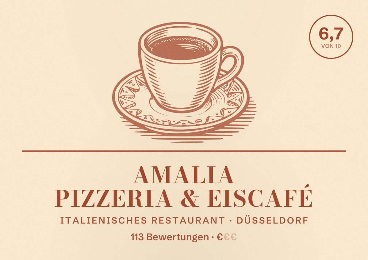 Illustriertes Poster von Amalia Pizzeria & Eiscafé, Italienisches Restaurant in Düsseldorf: Bewertung 6,7 von 10 aus 113 Bewertungen, Preisniveau €