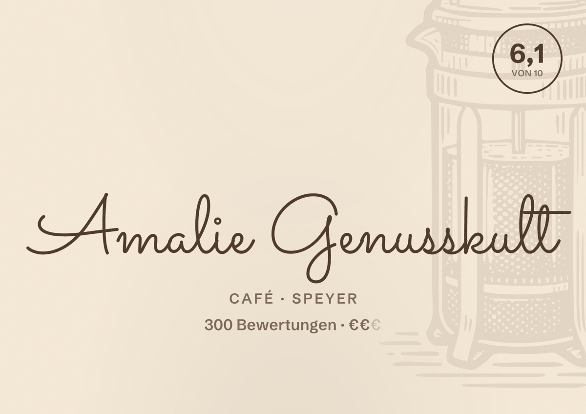 Illustriertes Poster von Amalie Genusskult, Café in Speyer: Bewertung 6,1 von 10 aus 300 Bewertungen, Preisniveau €€