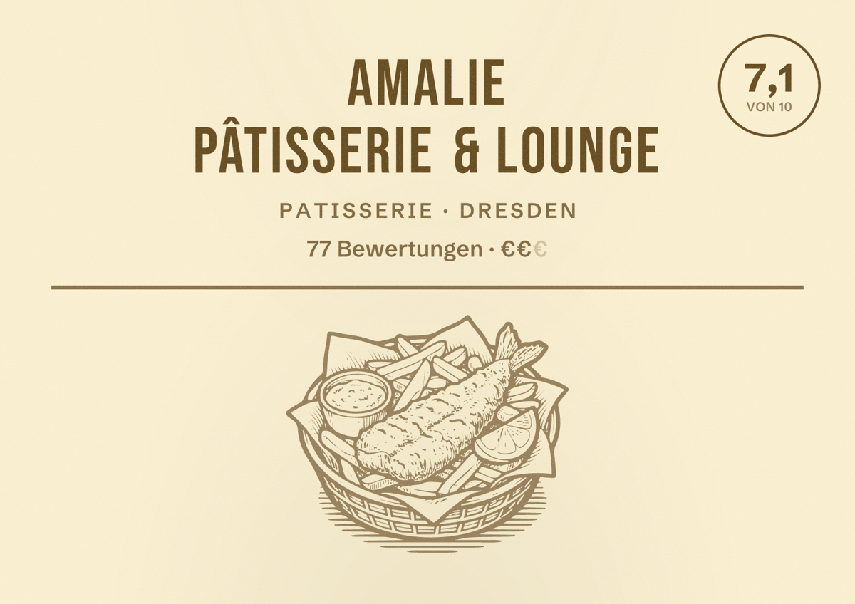 Illustriertes Poster von Amalie Pâtisserie & Lounge, Patisserie in Dresden: Bewertung 7,1 von 10 aus 77 Bewertungen, Preisniveau €€