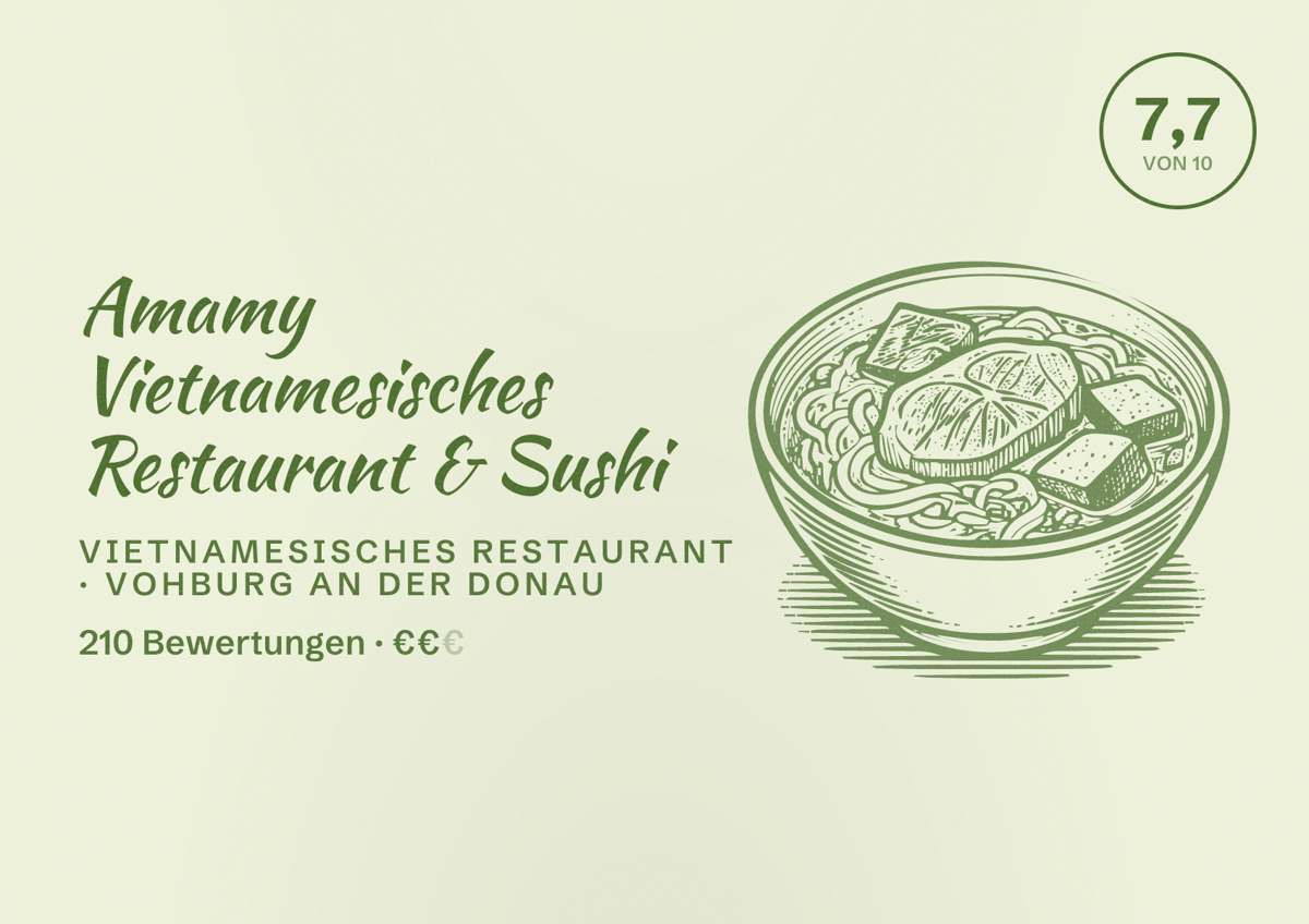 Illustriertes Poster von Amamy Vietnamesisches Restaurant & Sushi, Vietnamesisches Restaurant in Vohburg an der Donau: Bewertung 7,7 von 10 aus 210 Bewertungen, Preisniveau €€