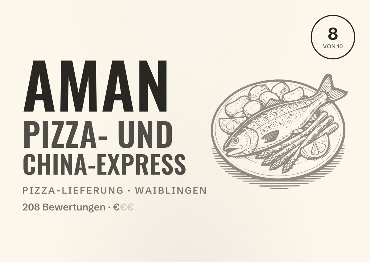 Illustriertes Poster von Aman Pizza- und China-Express, Pizza-Lieferung in Waiblingen: Bewertung 8 von 10 aus 208 Bewertungen, Preisniveau €