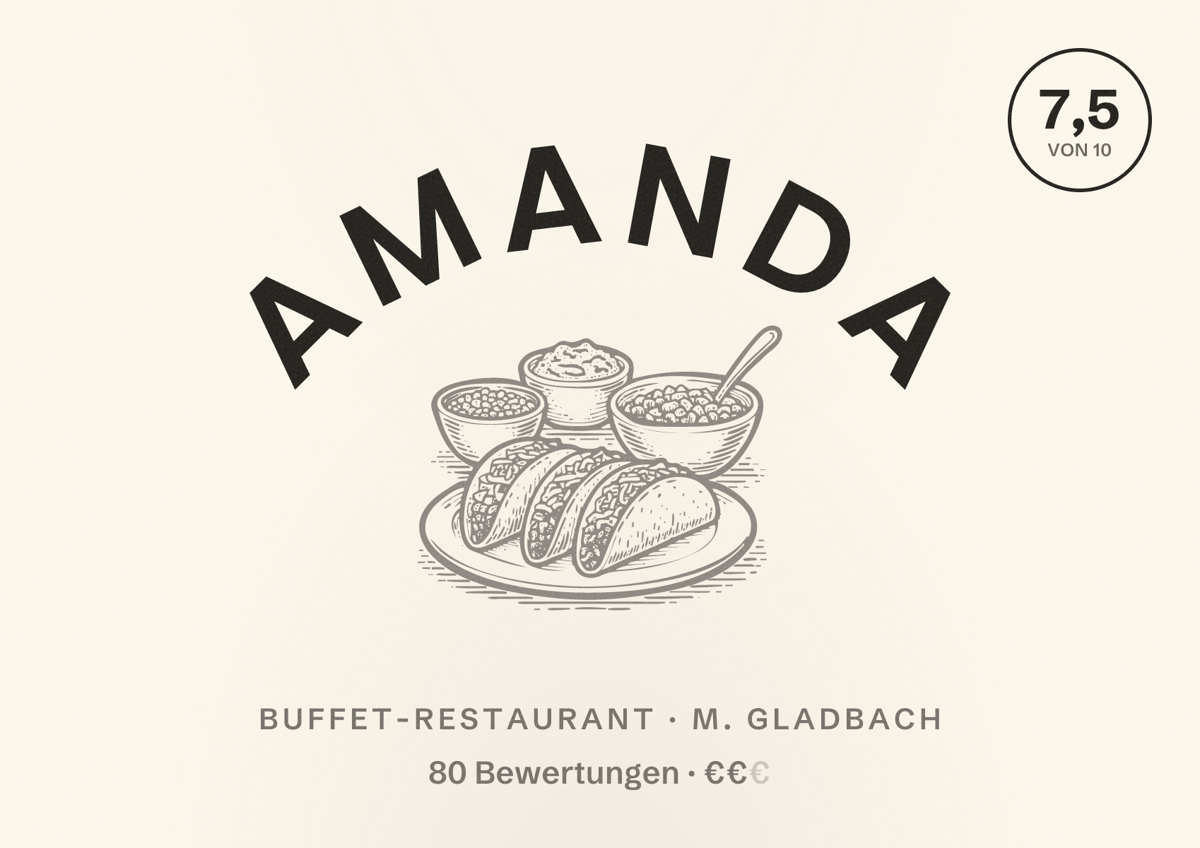 Illustriertes Poster von AMANDA, Buffet-Restaurant in M. Gladbach: Bewertung 7,5 von 10 aus 80 Bewertungen, Preisniveau €€