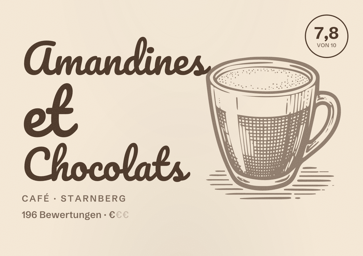Illustriertes Poster von Amandines et Chocolats, Café in Starnberg: Bewertung 7,8 von 10 aus 196 Bewertungen, Preisniveau €