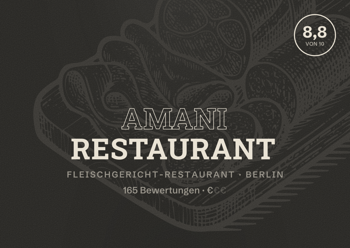 Illustriertes Poster von Amani Restaurant, Fleischgericht-Restaurant in Berlin: Bewertung 8,8 von 10 aus 165 Bewertungen, Preisniveau €