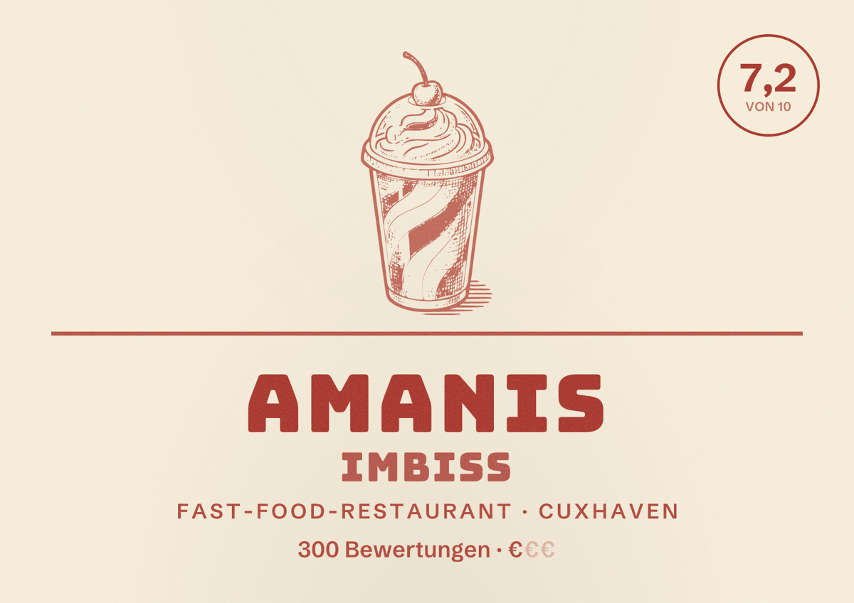 Illustriertes Poster von Amanis Imbiss, Fast-Food-Restaurant in Cuxhaven: Bewertung 7,2 von 10 aus 300 Bewertungen, Preisniveau €