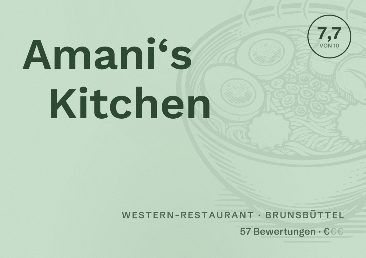 Illustriertes Poster von Amani‘s Kitchen, Western-Restaurant in Brunsbüttel: Bewertung 7,7 von 10 aus 57 Bewertungen, Preisniveau €
