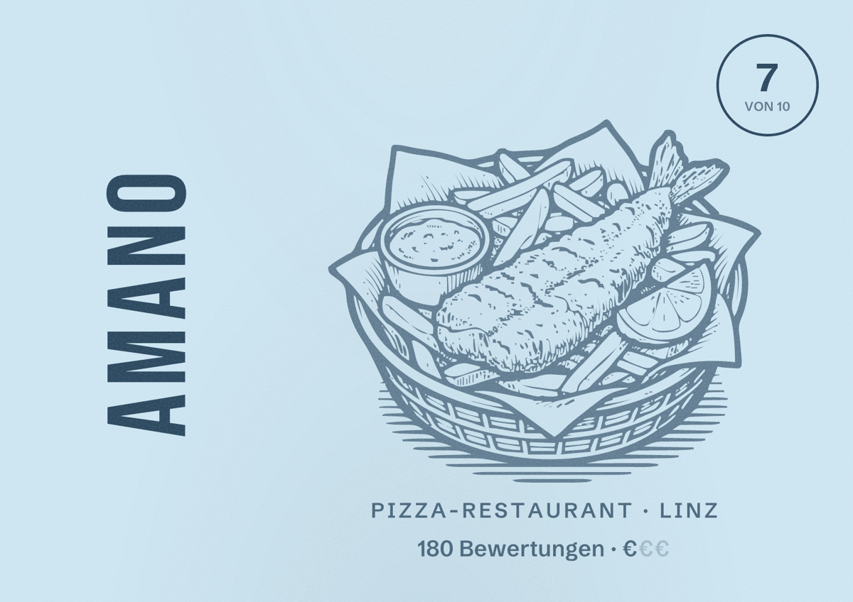 Illustriertes Poster von Amano, Pizza-Restaurant in Linz: Bewertung 7 von 10 aus 180 Bewertungen, Preisniveau €