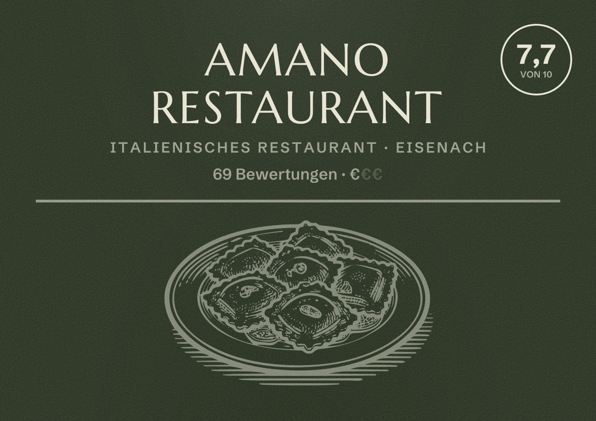 Illustriertes Poster von Amano Restaurant, Italienisches Restaurant in Eisenach: Bewertung 7,7 von 10 aus 69 Bewertungen, Preisniveau €