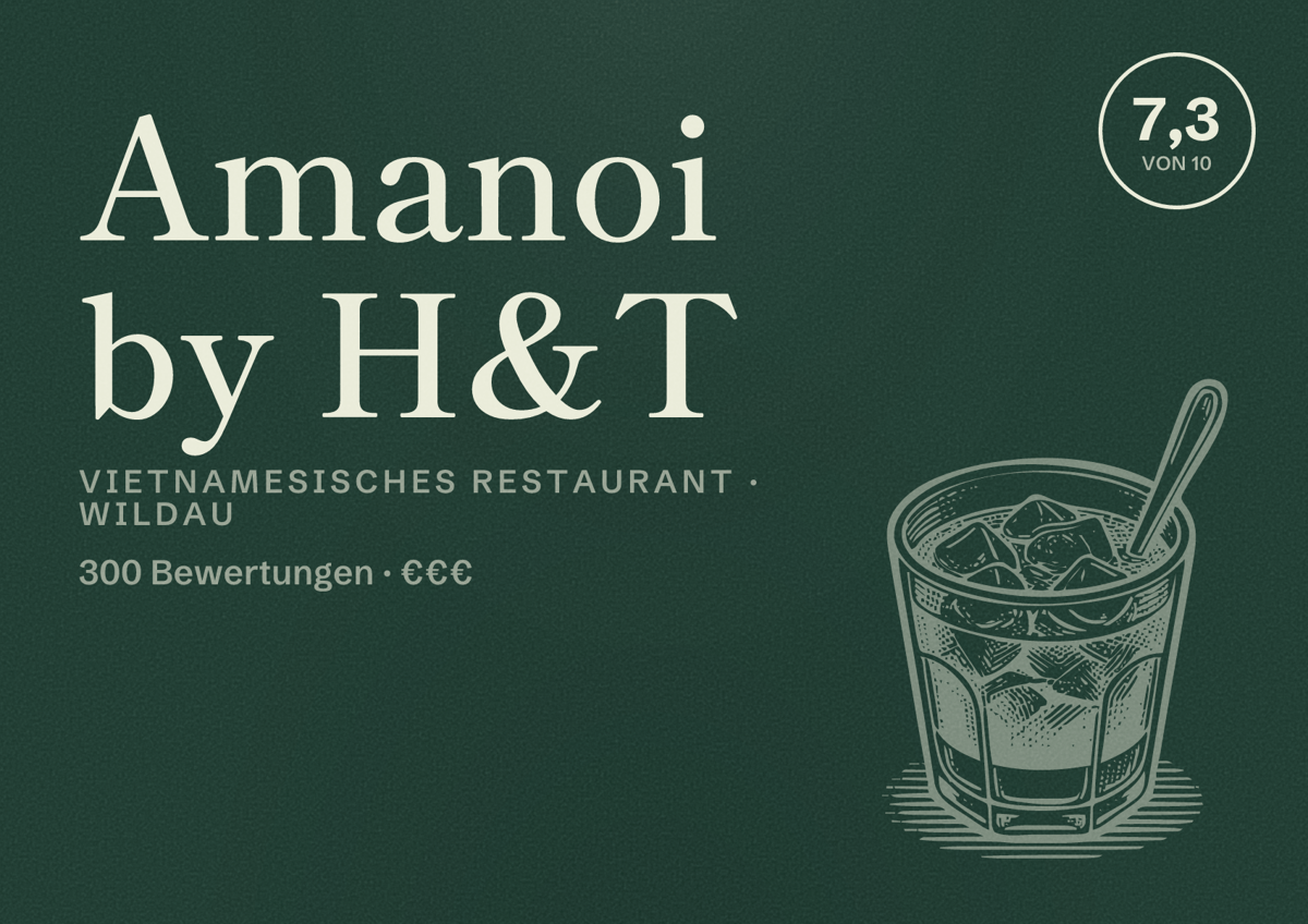 Illustriertes Poster von Amanoi by H&T, Vietnamesisches Restaurant in Wildau: Bewertung 7,3 von 10 aus 300 Bewertungen, Preisniveau €€€