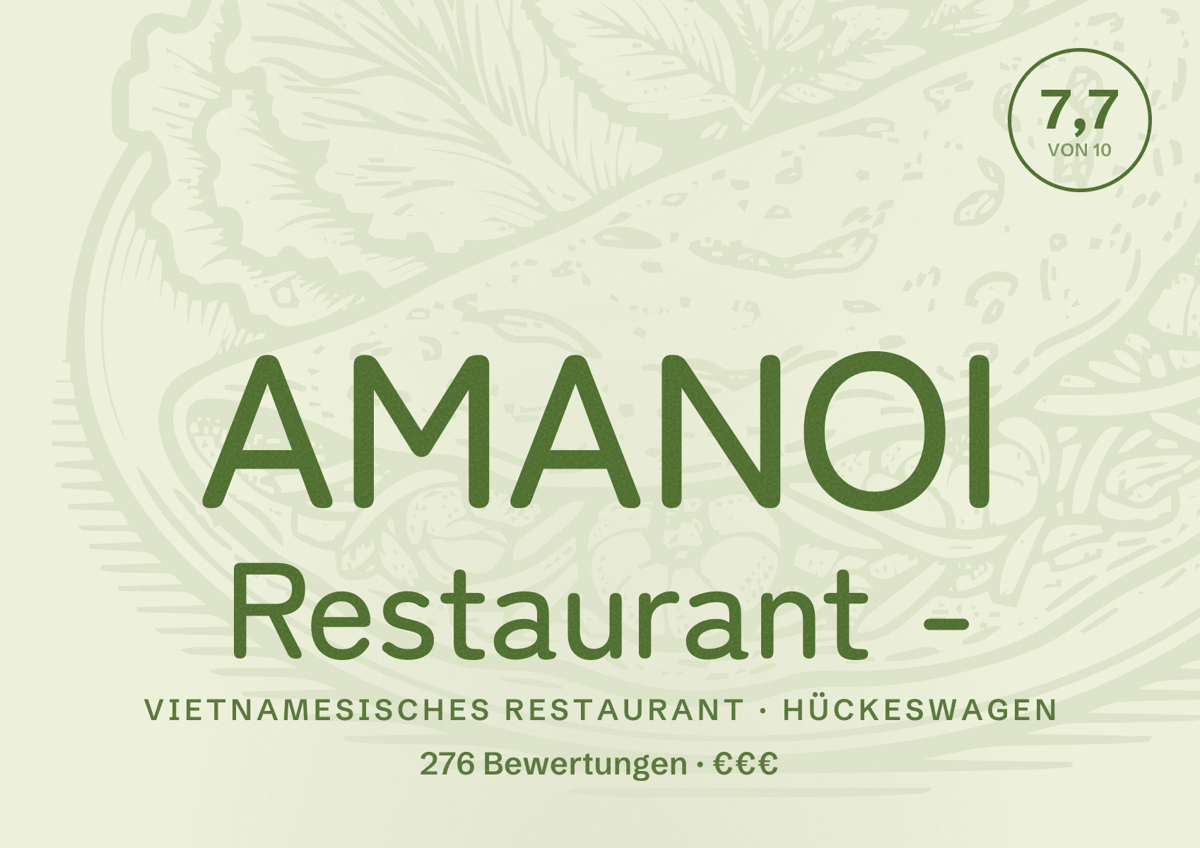 Illustriertes Poster von AMANOI Restaurant -, Vietnamesisches Restaurant in Hückeswagen: Bewertung 7,7 von 10 aus 276 Bewertungen, Preisniveau €€€