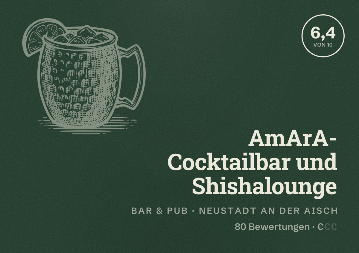 Illustriertes Poster von AmArA- Cocktailbar und Shishalounge, Bar & Pub in Neustadt an der Aisch: Bewertung 6,4 von 10 aus 80 Bewertungen, Preisniveau €