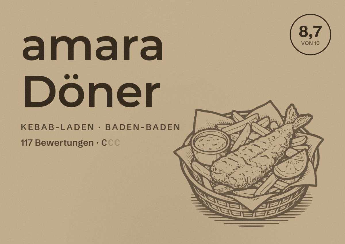 Illustriertes Poster von amara Döner, Kebab-Laden in Baden-Baden: Bewertung 8,7 von 10 aus 117 Bewertungen, Preisniveau €