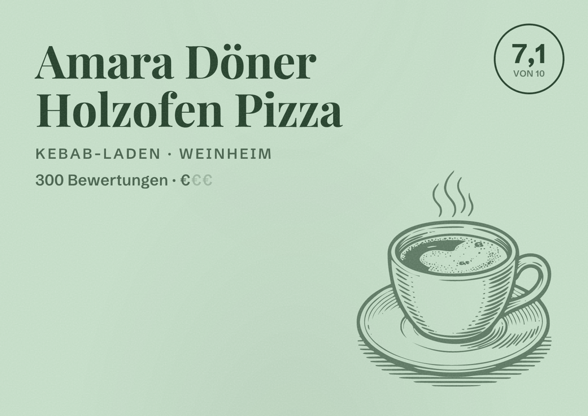 Illustriertes Poster von Amara Döner Holzofen Pizza, Kebab-Laden in Weinheim: Bewertung 7,1 von 10 aus 300 Bewertungen, Preisniveau €
