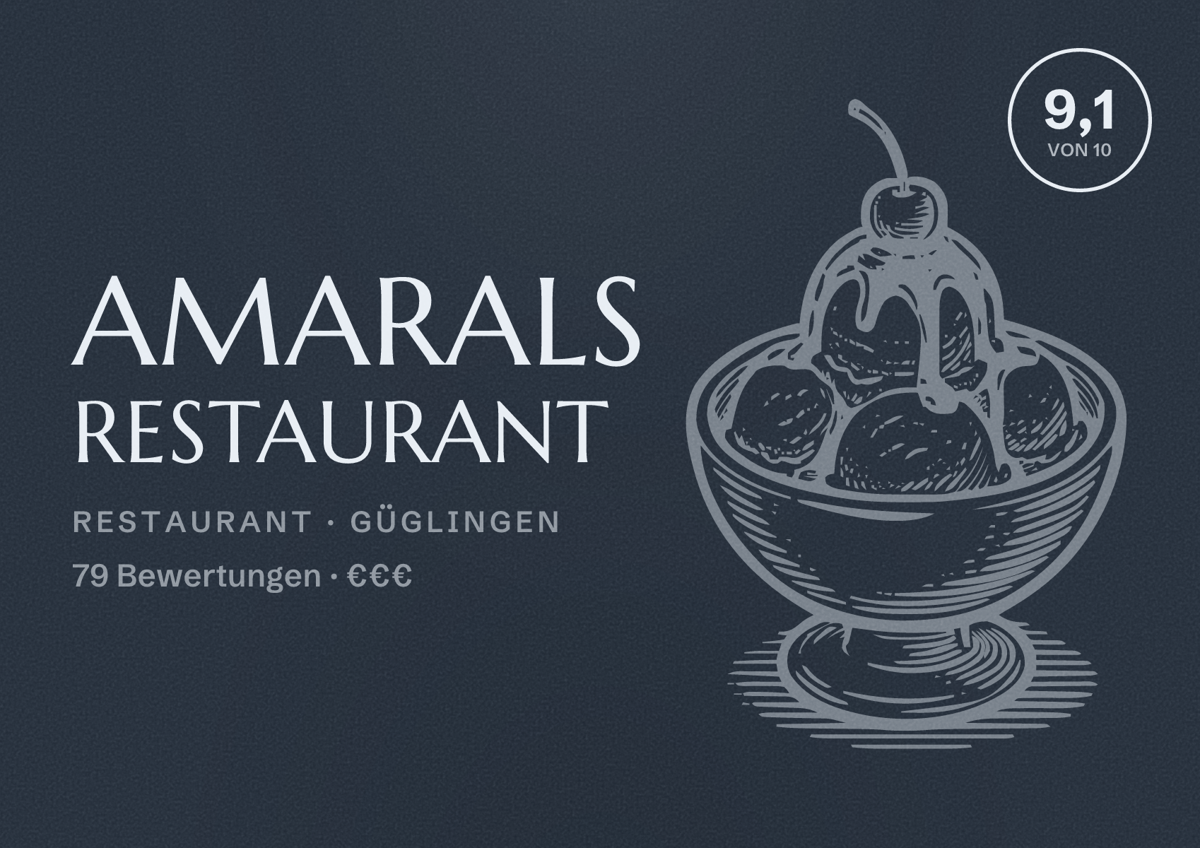 Illustriertes Poster von Amarals Restaurant, Restaurant in Güglingen: Bewertung 9,1 von 10 aus 79 Bewertungen, Preisniveau €€€