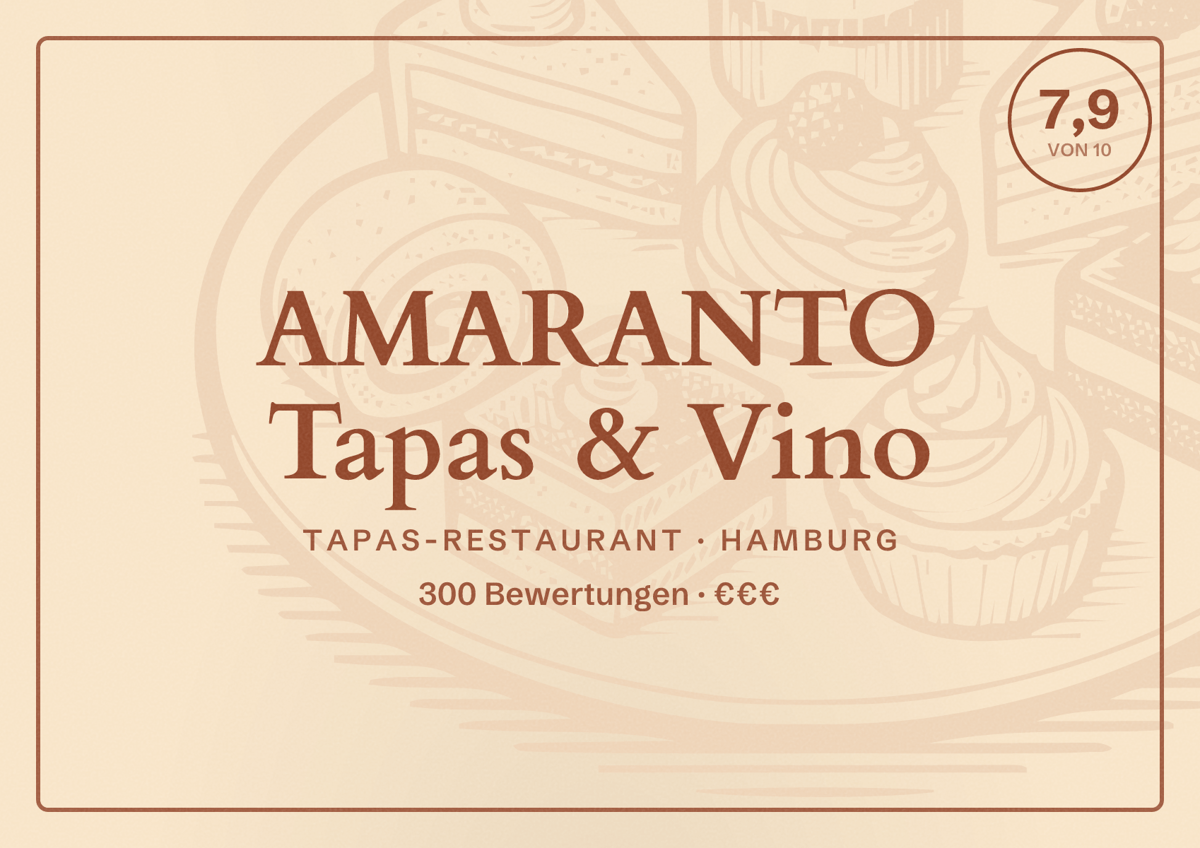 Illustriertes Poster von AMARANTO Tapas & Vino, Tapas-Restaurant in Hamburg: Bewertung 7,9 von 10 aus 300 Bewertungen, Preisniveau €€€