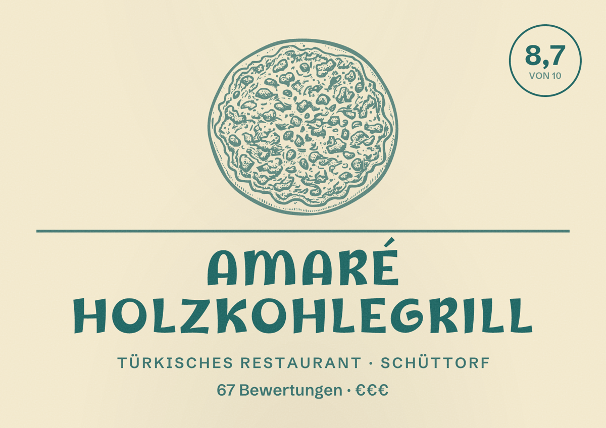 Illustriertes Poster von Amaré Holzkohlegrill, Türkisches Restaurant in Schüttorf: Bewertung 8,7 von 10 aus 67 Bewertungen, Preisniveau €€€