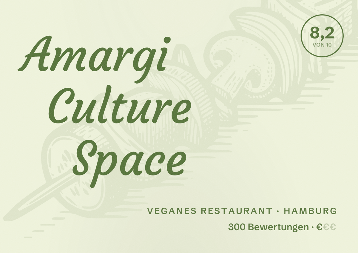 Illustriertes Poster von Amargi Culture Space, Veganes Restaurant in Hamburg: Bewertung 8,2 von 10 aus 300 Bewertungen, Preisniveau €