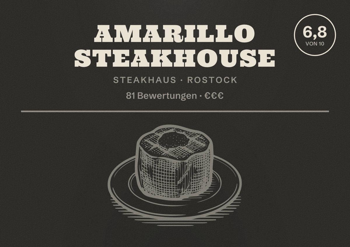 Illustriertes Poster von Amarillo Steakhouse, Steakhaus in Rostock: Bewertung 6,8 von 10 aus 81 Bewertungen, Preisniveau €€€