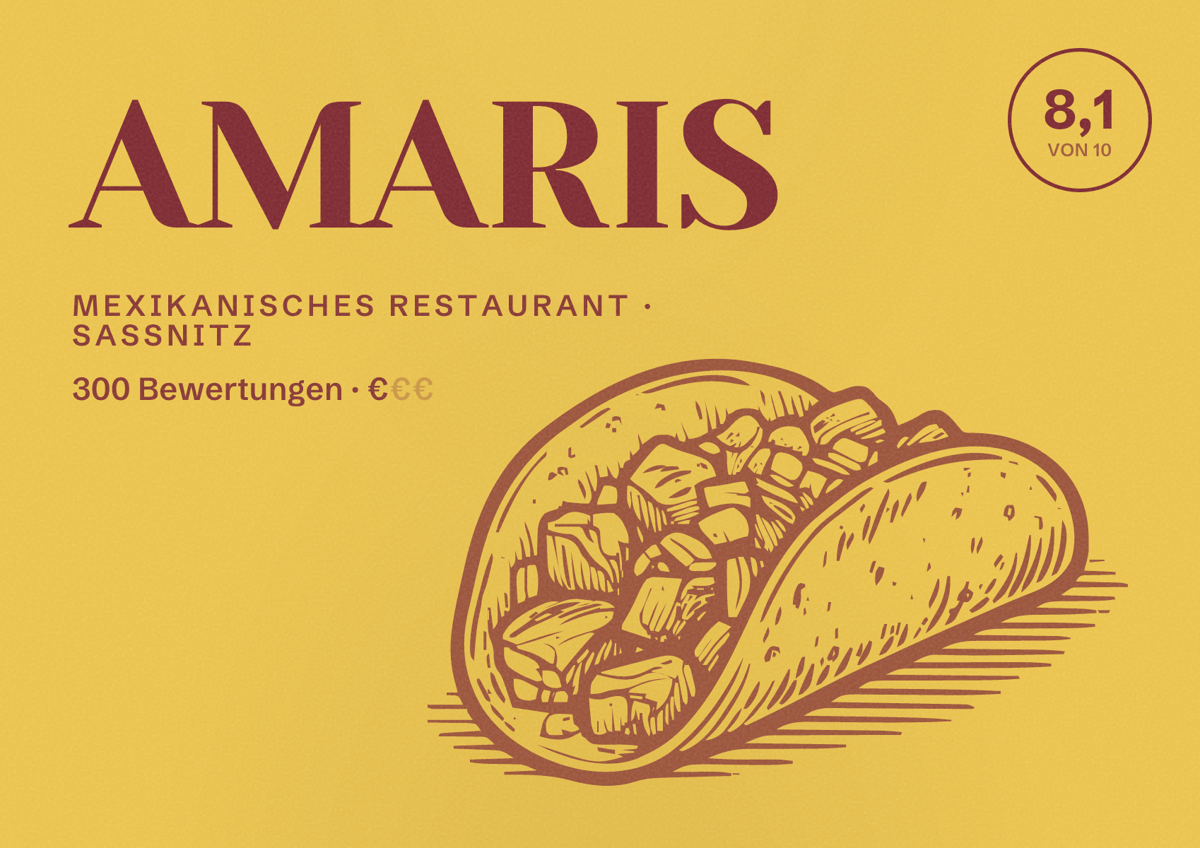 Illustriertes Poster von AMARIS, Mexikanisches Restaurant in Sassnitz: Bewertung 8,1 von 10 aus 300 Bewertungen, Preisniveau €