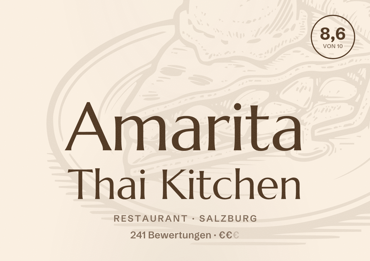 Illustriertes Poster von Amarita Thai Kitchen, Restaurant in Salzburg: Bewertung 8,6 von 10 aus 241 Bewertungen, Preisniveau €€