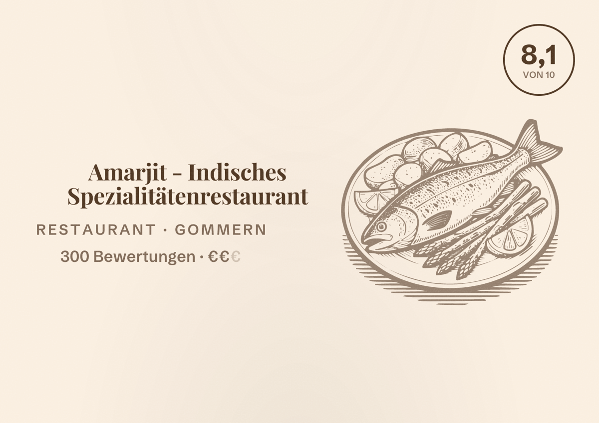 Illustriertes Poster von Amarjit - Indisches Spezialitätenrestaurant, Restaurant in Gommern: Bewertung 8,1 von 10 aus 300 Bewertungen, Preisniveau €€