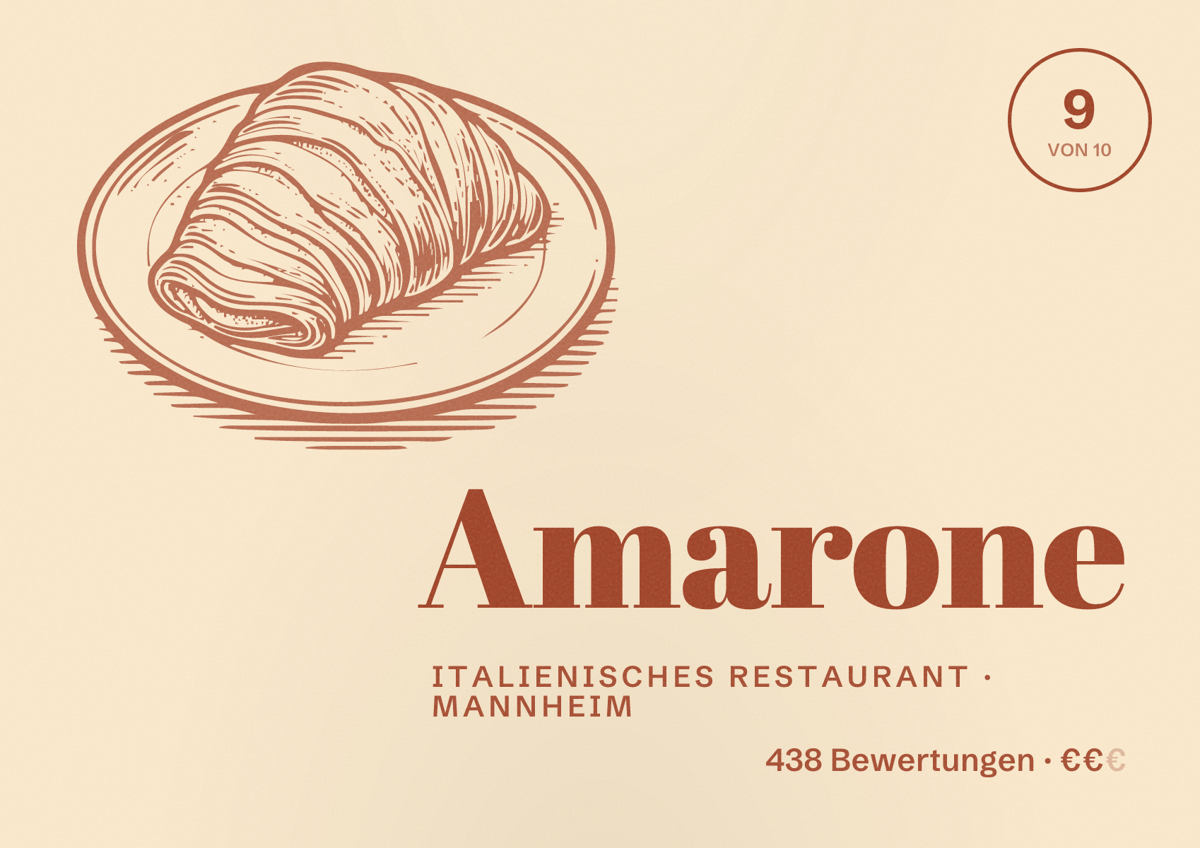 Illustriertes Poster von Amarone, Italienisches Restaurant in Mannheim: Bewertung 9 von 10 aus 438 Bewertungen, Preisniveau €€