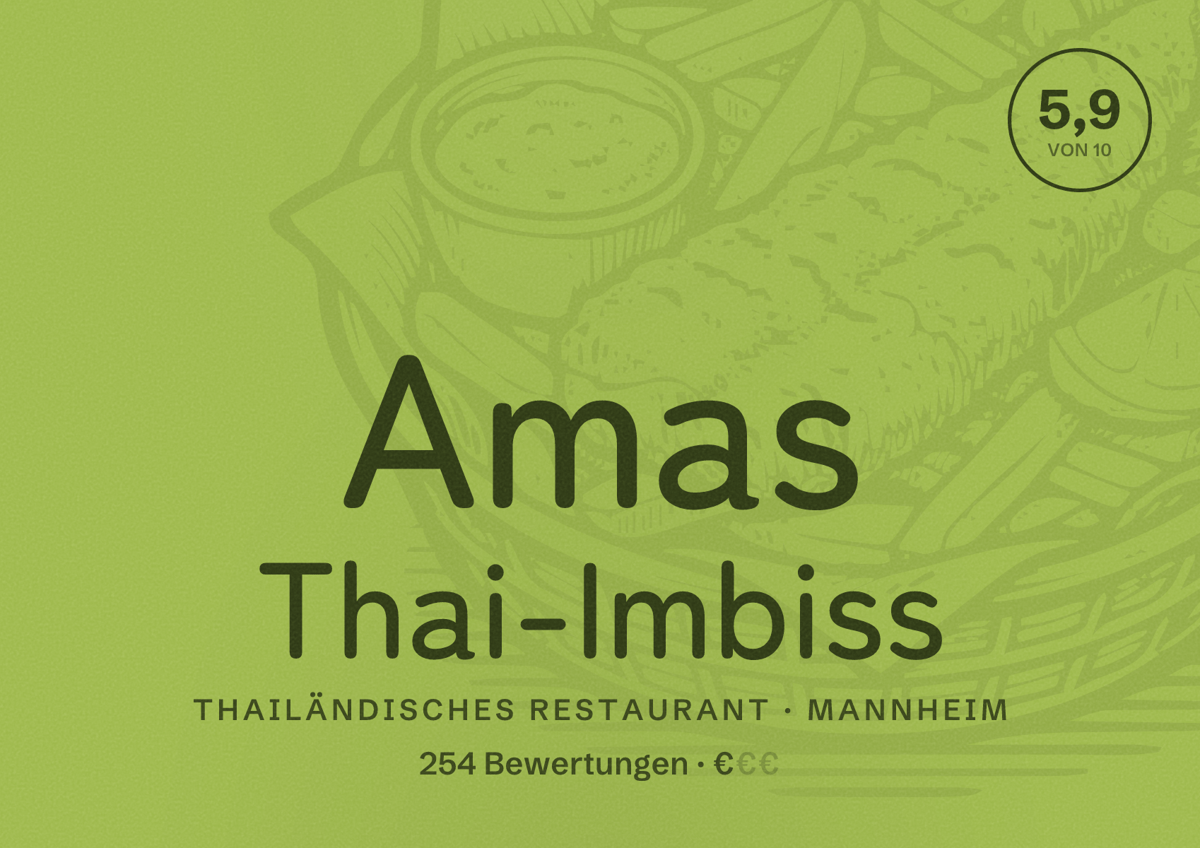 Illustriertes Poster von Amas Thai-Imbiss, Thailändisches Restaurant in Mannheim: Bewertung 5,9 von 10 aus 254 Bewertungen, Preisniveau €