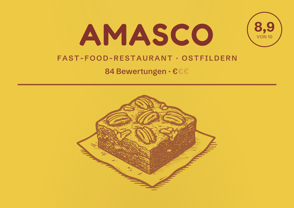 Illustriertes Poster von Amasco, Fast-Food-Restaurant in Ostfildern: Bewertung 8,9 von 10 aus 84 Bewertungen, Preisniveau €