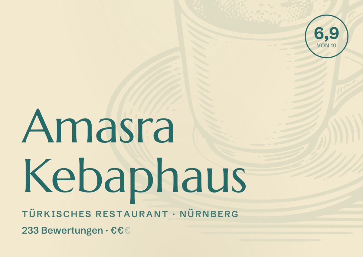 Illustriertes Poster von Amasra Kebaphaus, Türkisches Restaurant in Nürnberg: Bewertung 6,9 von 10 aus 233 Bewertungen, Preisniveau €€