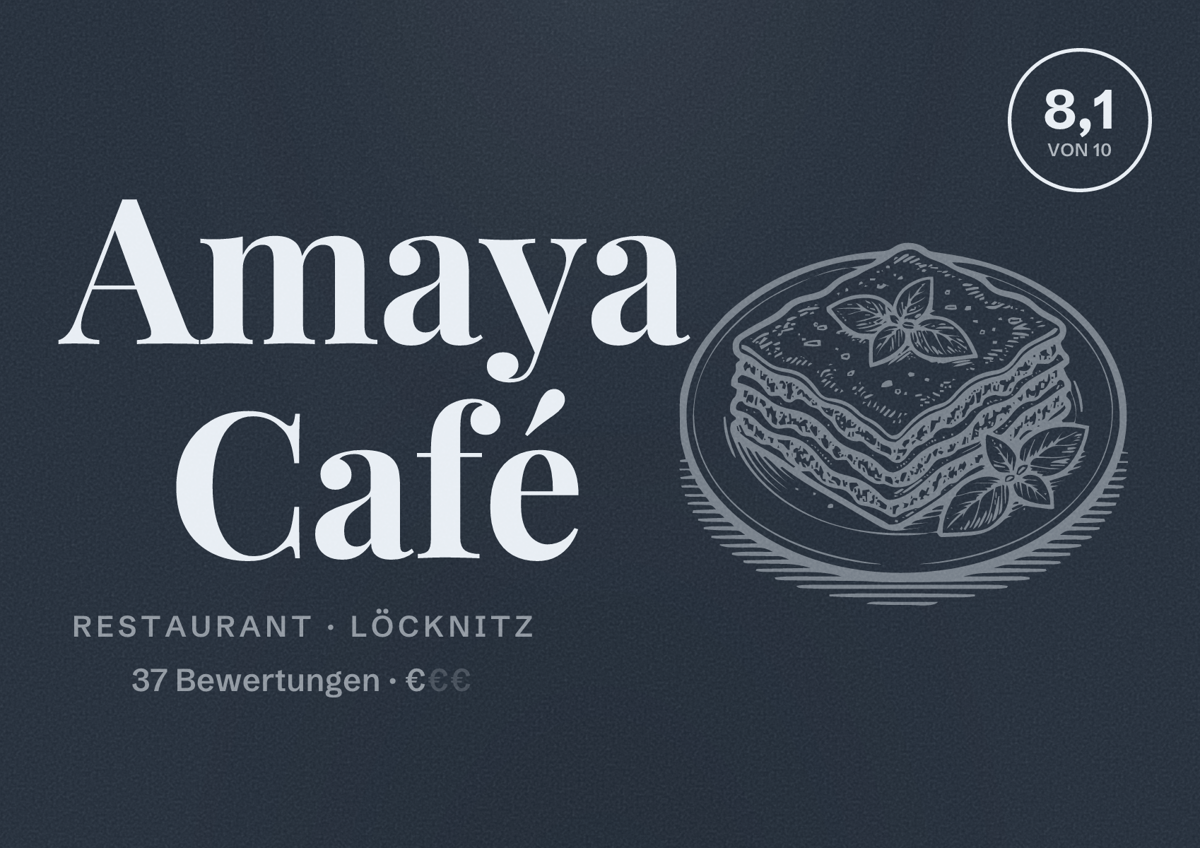 Illustriertes Poster von Amaya Café, Restaurant in Löcknitz: Bewertung 8,1 von 10 aus 37 Bewertungen, Preisniveau €