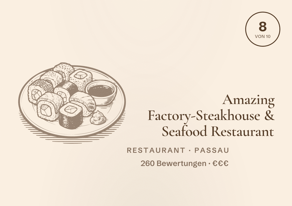Illustriertes Poster von Amazing Factory-Steakhouse & Seafood Restaurant, Restaurant in Passau: Bewertung 8 von 10 aus 260 Bewertungen, Preisniveau €€€