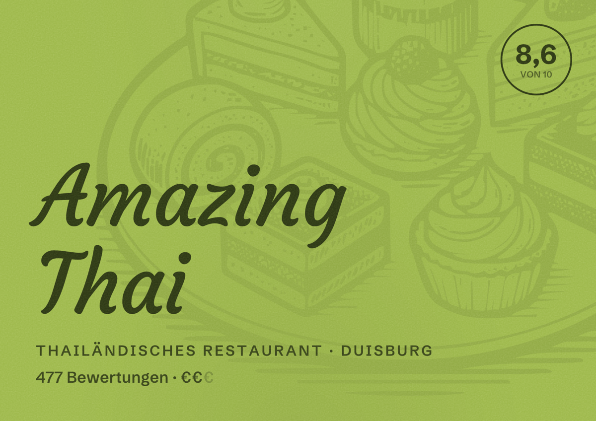 Illustriertes Poster von Amazing Thai, Thailändisches Restaurant in Duisburg: Bewertung 8,6 von 10 aus 477 Bewertungen, Preisniveau €€