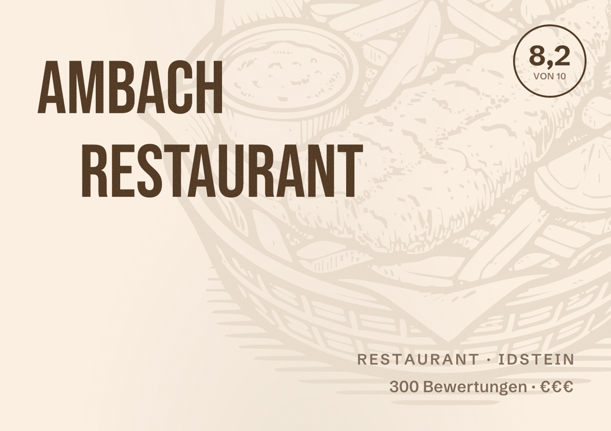 Illustriertes Poster von Ambach Restaurant, Restaurant in Idstein: Bewertung 8,2 von 10 aus 300 Bewertungen, Preisniveau €€€