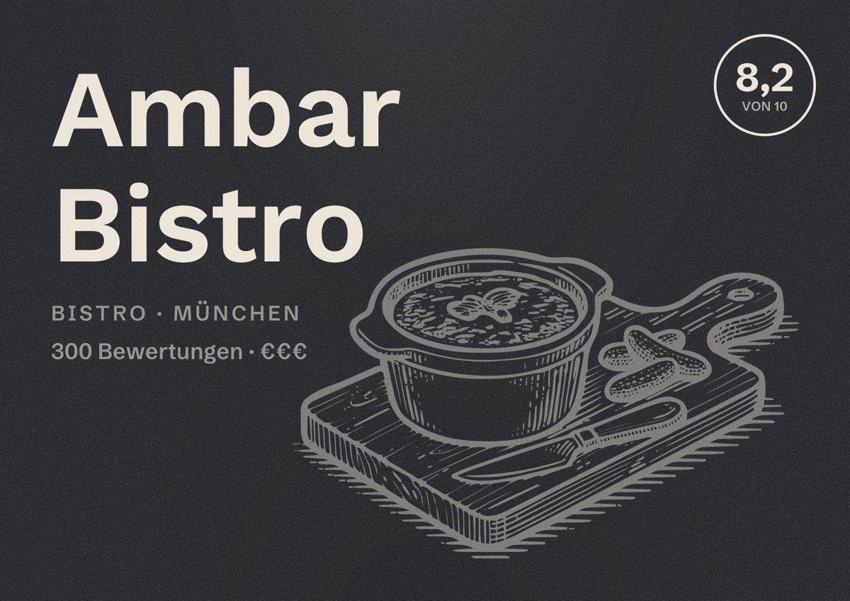 Illustriertes Poster von Ambar Bistro, Bistro in München: Bewertung 8,2 von 10 aus 300 Bewertungen, Preisniveau €€€