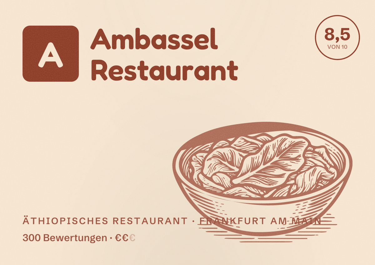 Illustriertes Poster von Ambassel Restaurant, Äthiopisches Restaurant in Frankfurt am Main: Bewertung 8,5 von 10 aus 300 Bewertungen, Preisniveau €€
