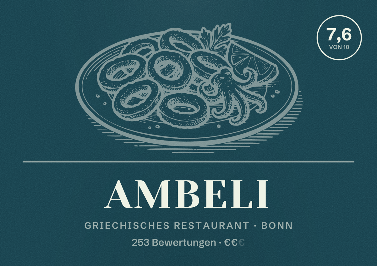 Illustriertes Poster von Ambeli, Griechisches Restaurant in Bonn: Bewertung 7,6 von 10 aus 253 Bewertungen, Preisniveau €€