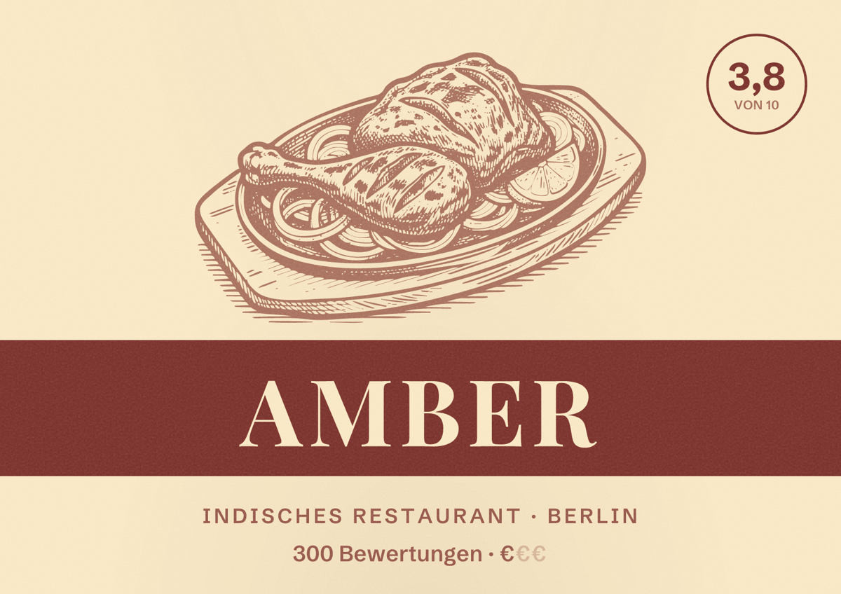 Illustriertes Poster von Amber, Indisches Restaurant in Berlin: Bewertung 3,8 von 10 aus 300 Bewertungen, Preisniveau €