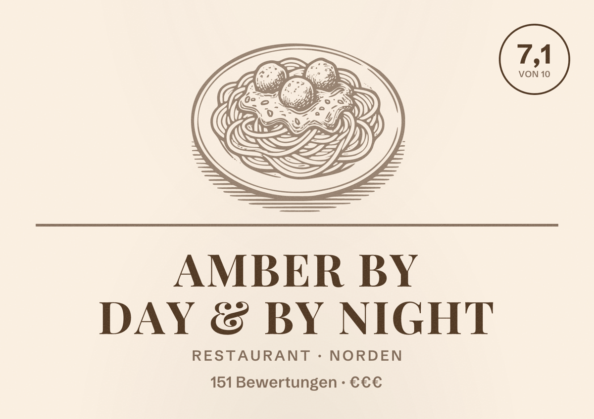 Illustriertes Poster von Amber By Day & By Night, Restaurant in Norden: Bewertung 7,1 von 10 aus 151 Bewertungen, Preisniveau €€€
