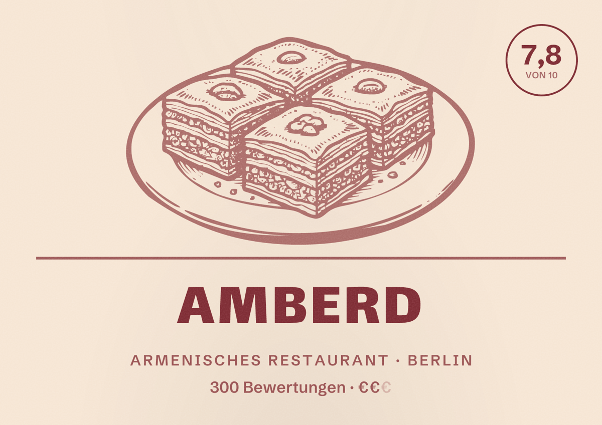 Illustriertes Poster von Amberd, Armenisches Restaurant in Berlin: Bewertung 7,8 von 10 aus 300 Bewertungen, Preisniveau €€
