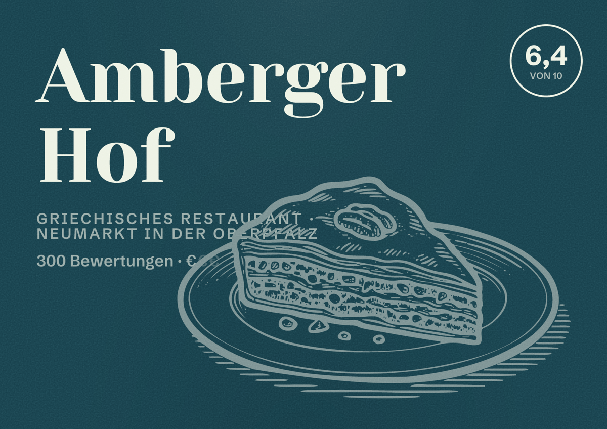Illustriertes Poster von Amberger Hof, Griechisches Restaurant in Neumarkt in der Oberpfalz: Bewertung 6,4 von 10 aus 300 Bewertungen, Preisniveau €