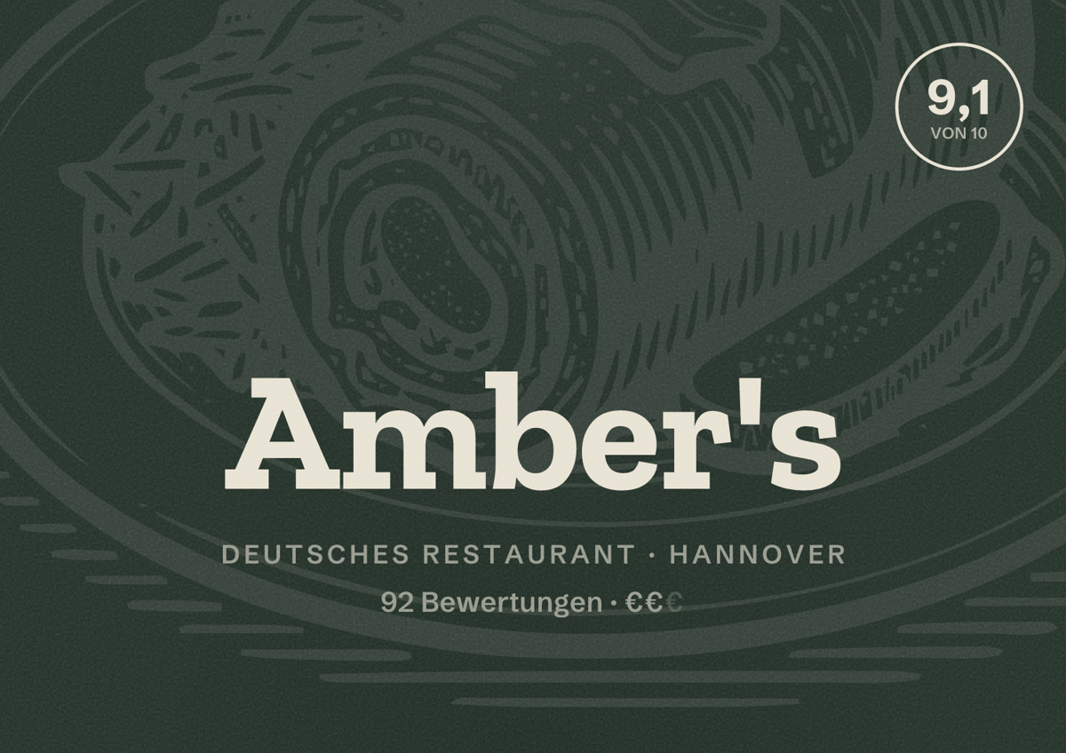 Illustriertes Poster von Amber's, Deutsches Restaurant in Hannover: Bewertung 9,1 von 10 aus 92 Bewertungen, Preisniveau €€