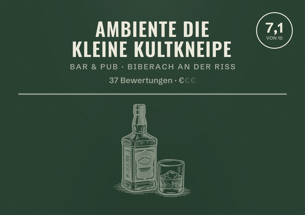 Illustriertes Poster von Ambiente die kleine Kultkneipe, Bar & Pub in Biberach an der Riß: Bewertung 7,1 von 10 aus 37 Bewertungen, Preisniveau €
