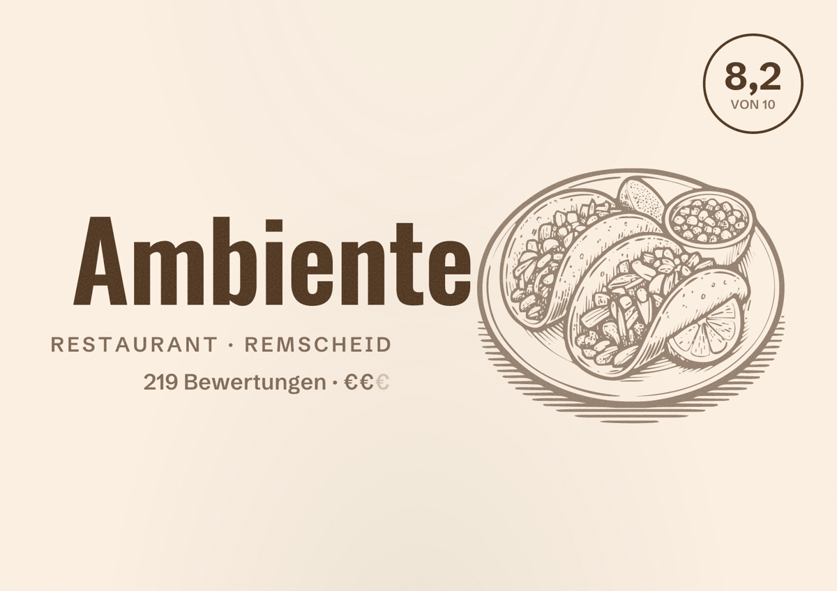 Illustriertes Poster von Ambiente, Restaurant in Remscheid: Bewertung 8,2 von 10 aus 219 Bewertungen, Preisniveau €€