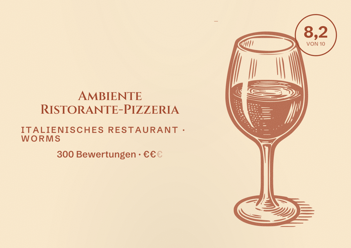 Illustriertes Poster von Ambiente Ristorante-Pizzeria, Italienisches Restaurant in Worms: Bewertung 8,2 von 10 aus 300 Bewertungen, Preisniveau €€