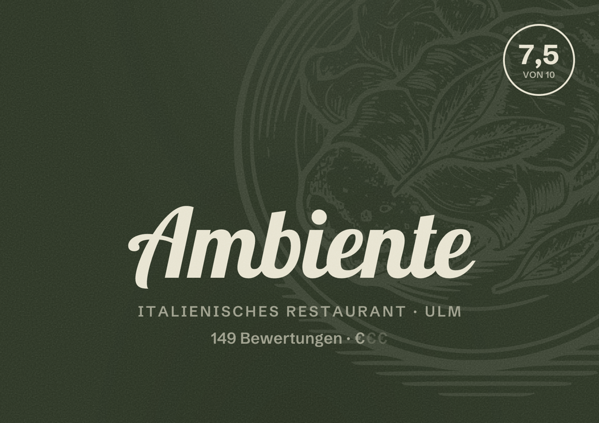 Illustriertes Poster von Ambiente, Italienisches Restaurant in Ulm: Bewertung 7,5 von 10 aus 149 Bewertungen, Preisniveau €