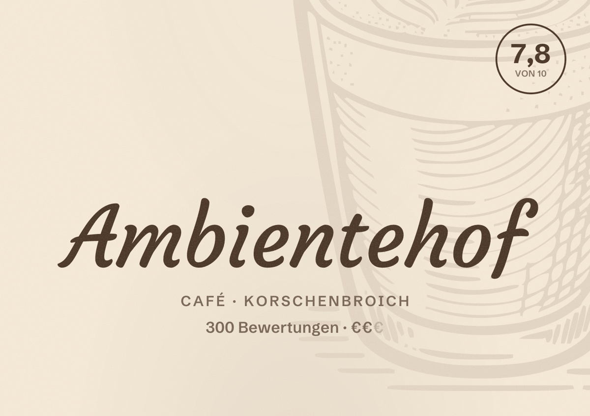 Illustriertes Poster von Ambientehof, Café in Korschenbroich: Bewertung 7,8 von 10 aus 300 Bewertungen, Preisniveau €€
