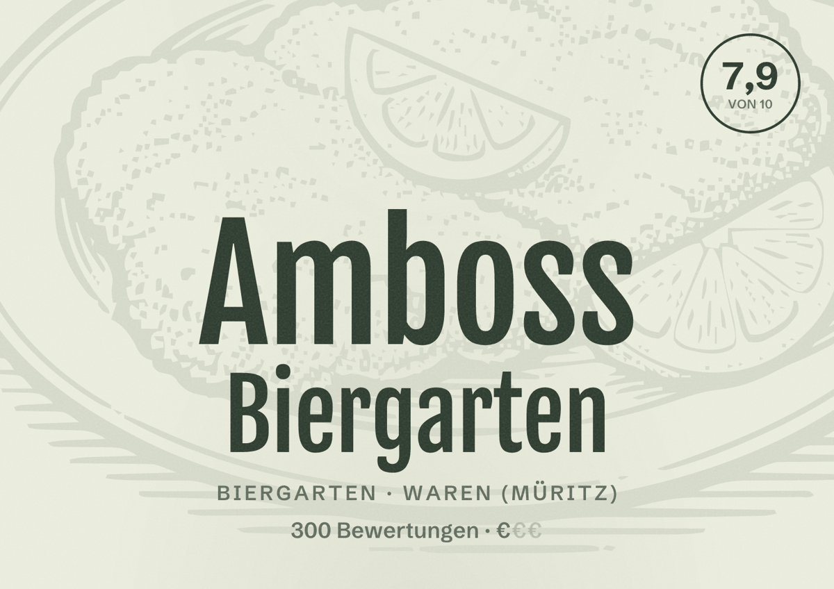 Illustriertes Poster von Amboss Biergarten, Biergarten in Waren (Müritz): Bewertung 7,9 von 10 aus 300 Bewertungen, Preisniveau €