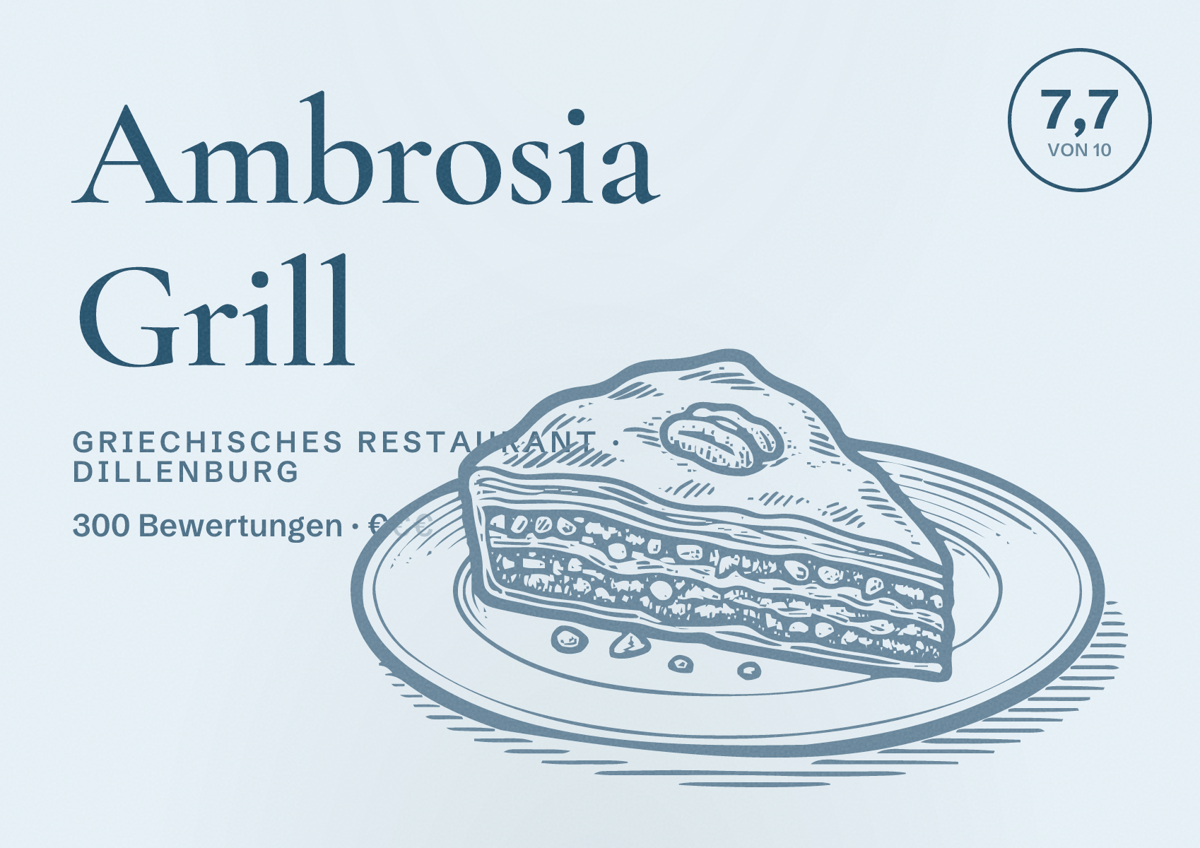 Illustriertes Poster von Ambrosia Grill, Griechisches Restaurant in Dillenburg: Bewertung 7,7 von 10 aus 300 Bewertungen, Preisniveau €