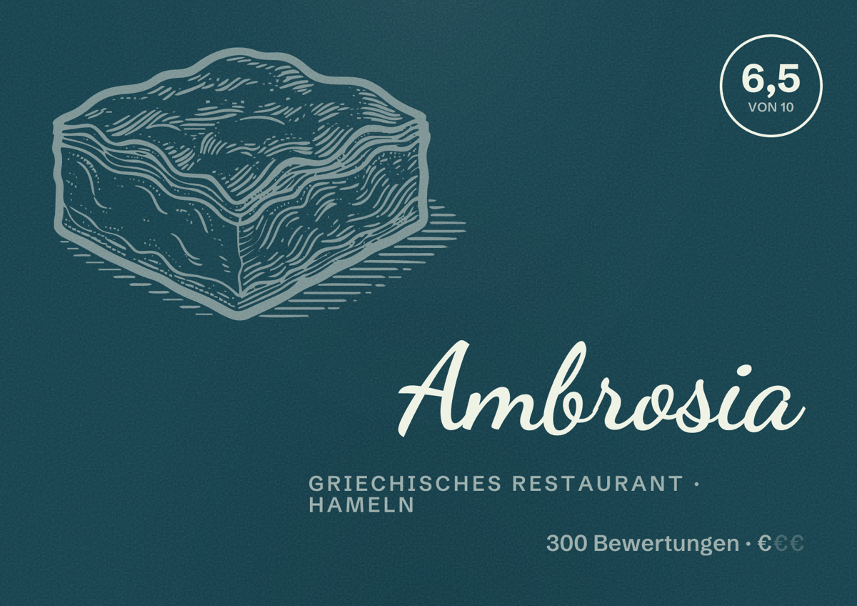 Illustriertes Poster von Ambrosia, Griechisches Restaurant in Hameln: Bewertung 6,5 von 10 aus 300 Bewertungen, Preisniveau €